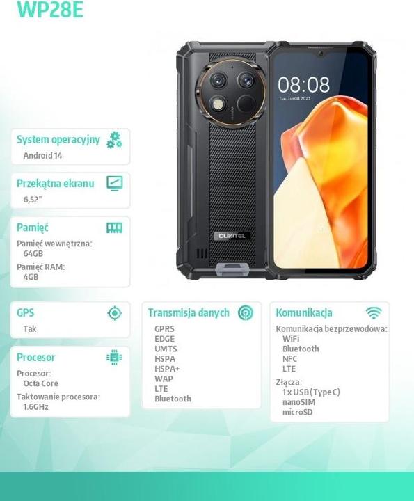 Produktbild Oukitel WP28E (6.52" - NFC - 10.600 mAh - 64 GB, 4 GB RAM) Schwarz (64 GB, Schwarz, 6.52", 13 Mpx)