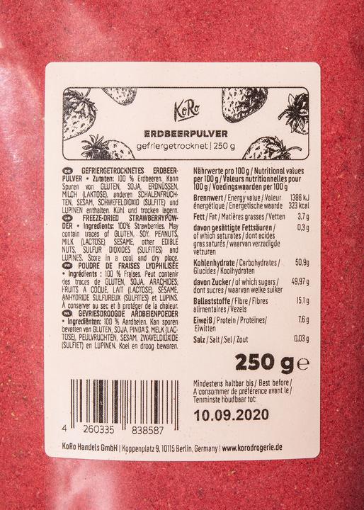 Nährwerte und Zutaten KoRo Erdbeerpulver (250 g)