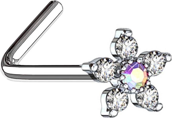 Actual product image Star Piercing Nasenstecker gewinkelt silber Blume mit Kristall multicolor und silber (Surgical steel 316L, Brass)