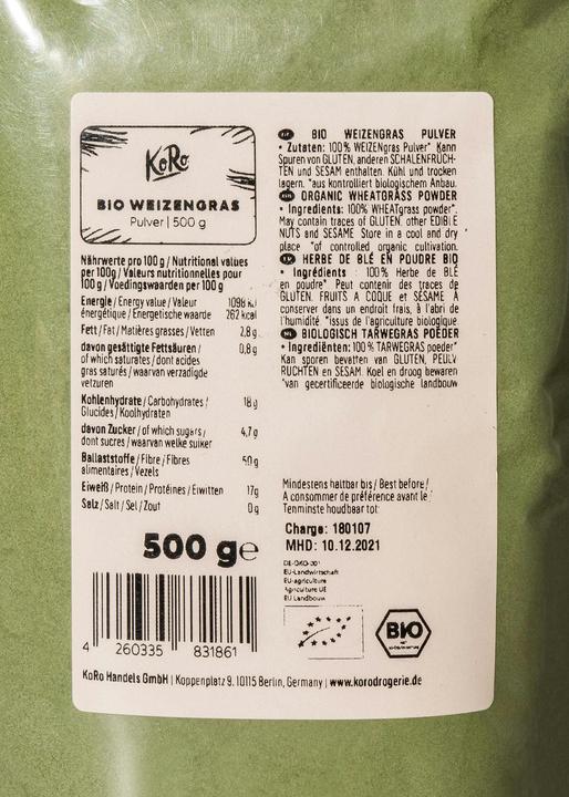 Valori nutrizionali e ingredienti KoRo Polvere di erba di grano biologica (500g) (1 Pezzo/i, Polvere, 500 g)