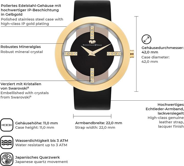 Image du produit Montre à quartz Lucrezia en cuir véritable noir - 4336 (Montre analogique, 42 mm)