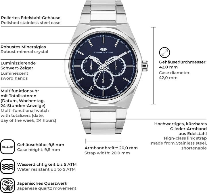 Actual product image Men's multifunctions Cooledge stainless steel silver - 5608 (Analogue wristwatch, 42 mm)