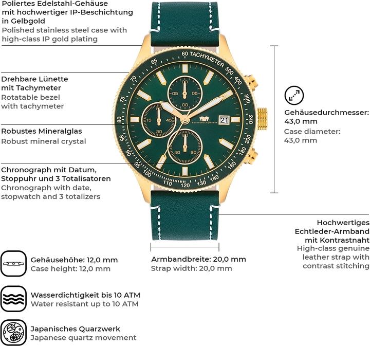 Produktbild Herren Chronograph Karthago II Echtleder grün - 23554 (Chronograph, 43 mm)
