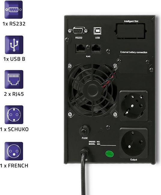 Actual product image Qoltec 53042 Uninterruptible Power Supply| On-line| Pure Sine Wave| 1kVA| (1000 VA, 800 W, Online double converter UPS)