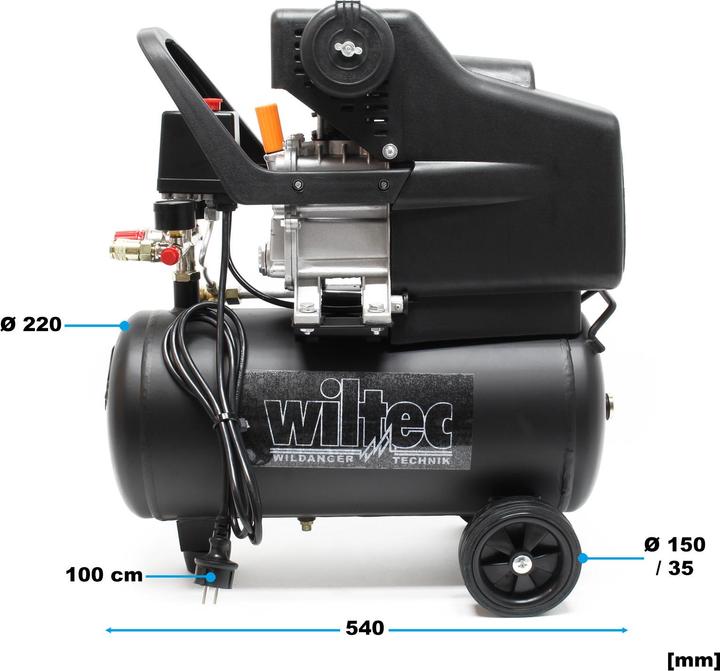 Actual product image Wiltec Air Compressor with 24L Tank Volume, max. Pressure of 8 Bar and Wheels (24 l)