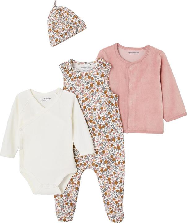 Vertbaudet Bio-Kollektion: Baby Geschenk-Set aus Body, Latzhose, Mütze & Cordjacke