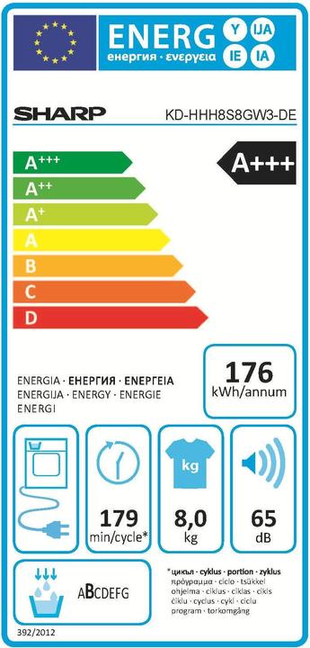 Energie-Label Sharp KD-HHH8S8GW3-DE (8 kg, Rechts)