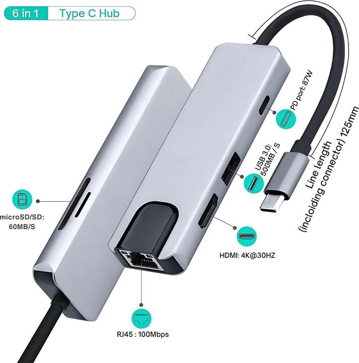 Immagine prodotto Hermex Dockingstation Multi USB-Hub USB-C 6in1 USB-A 3.0 HDMI 4K microSD/SD RJ45 (USB-C, 6 Porti)