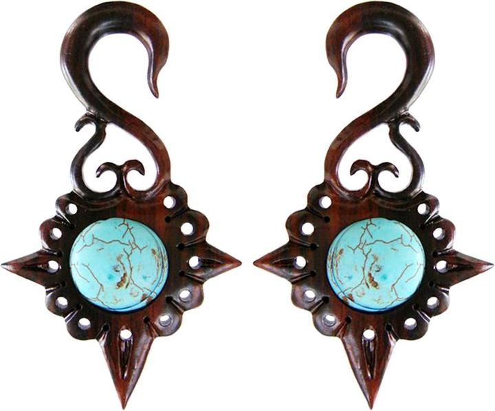 Produktbild Star Piercing Ohrgewicht Spirale Amulett mit Türkis Stein aus Narra Holz (2stk) (ohne Messing, Organisch, Mineralisch)