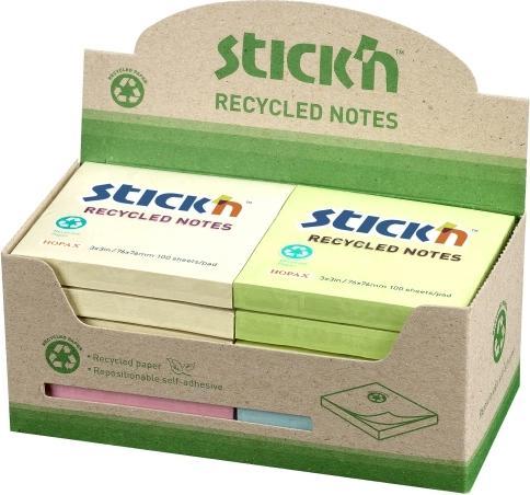 Actual product image B.N.T. Notes Stick'N Recycled 4 different colours 76x76mm 100 sheets 12 pieces - (12 pads per pack)