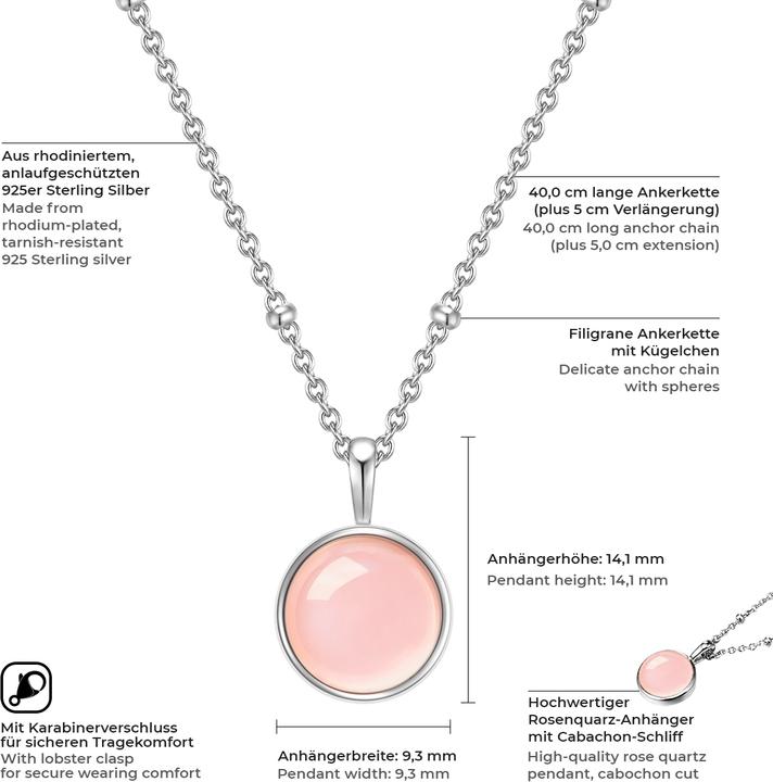 Actual product image Glanzstücke München Ladies sterling silver rose quartz silver 40.0 cm base chain + 5.0 cm extension - 11042 (925 silver, 40 - 45 cm)