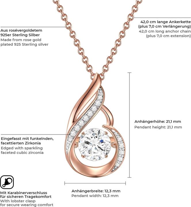 Actual product image Rafaela Donata Ladies sterling silver cubic zirconia rose gold 42.0 cm base chain + 7.0 cm extension - 11058 (Sterling Silver, 42 - 49 cm)