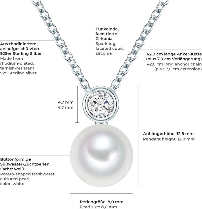 Immagine prodotto Valero Pearls Donna Argento Sterling Zirconia Perla d'acqua dolce coltivata argento 42,0 cm di catena base + 7,0 (Argento, 42 - 49 cm)