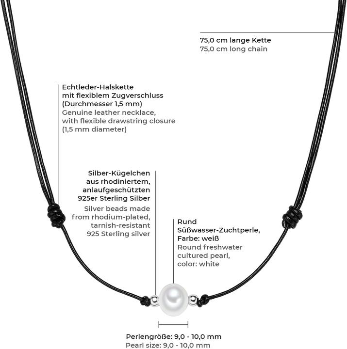 Produktbild Valero Pearls Damen Echtleder Süsswasser-Zuchtperle schwarz 75,0 cm - 3056 (Echtleder, 75 cm)