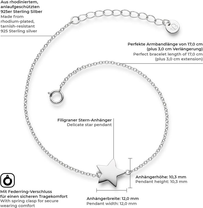 Actual product image Glanzstücke München Ladies star sterling silver 17.0 cm base length + 3.0 cm extension - 6128 (17 cm, Sterling Silver)
