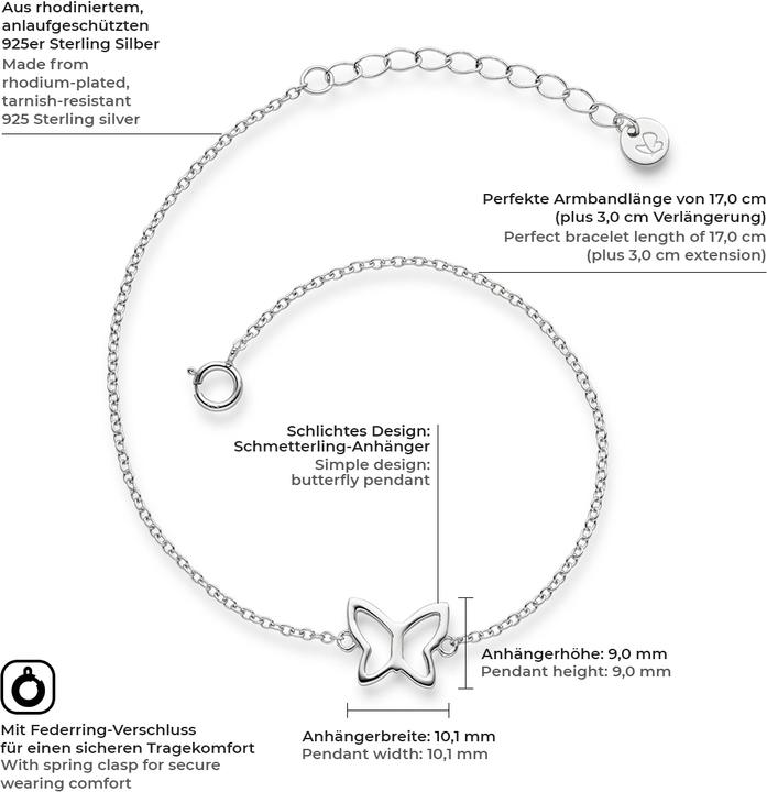 Produktbild Glanzstücke München Damen Schmetterling Sterling Silber silber 17,0 cm Basislänge + 3,0 cm Verlängerung - 6014 (17 cm, Sterling Silber)