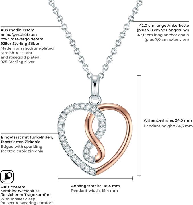 Image du produit Rafaela Donata Femme coeur argent sterling zirconium argent/or rose 42,0 cm chaîne de base + 7,0 cm extension - (Argent Sterling, 42 - 49 cm)