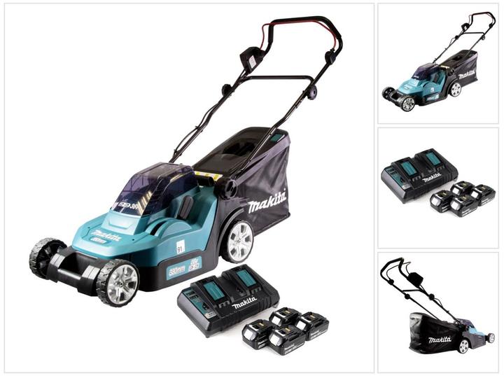 Produktbild Makita DLM 432 PM4 Akku Rasenmäher 36 V ( 2x 18 V ) 43 cm Brushless + 4x Akku 4,0 Ah + Doppel (Akkubetrieb)