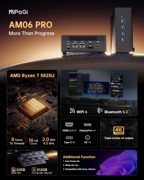 Immagine prodotto NiPoGi Mini PC AM06 PRO mit Ryzen 7 5825U, WiFi 6 und 4K Triple Display (AMD Ryzen 7 5825U, 32.77 GB, 512 GB)