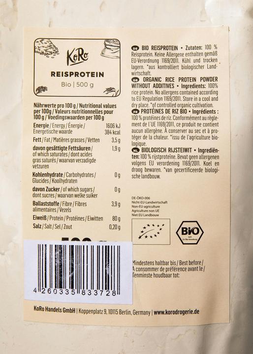 Nährwerte und Zutaten KoRo Bio Reisproteinisolat (1 Stk., 500 g)