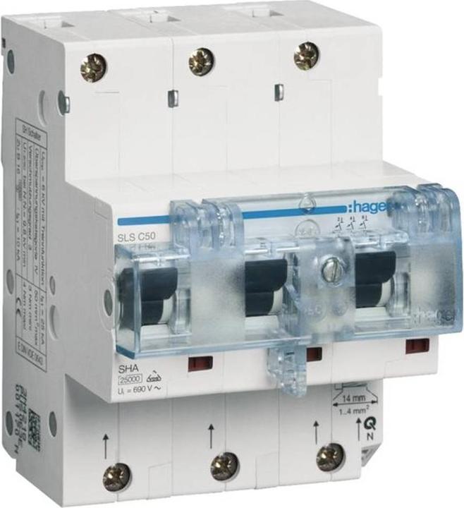 Actual product image Hager HAG HTN350C SLS switch 3 pole Cs characteristic 50A for top hat rail mounting