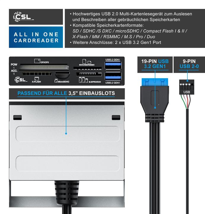 Actual product image CSL Multi front panel card reader (19-pin, Internal USB 2.0 Motherboard)
