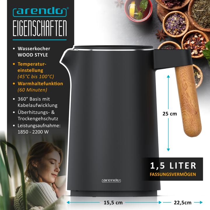 Produktbild Arendo Edelstahl Wasserkocher 1,5 L, 2200 W, Temperatureinstellung 45°C-100°C, Warmhaltefunktion, Schwarz (1.50 l)