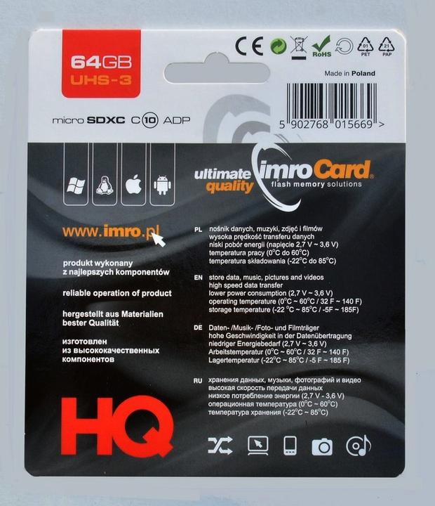 Produktbild IMRO MICROSD10/64GB UHS-3 ADP (64 GB, microSDXC, U3, UHS-III)