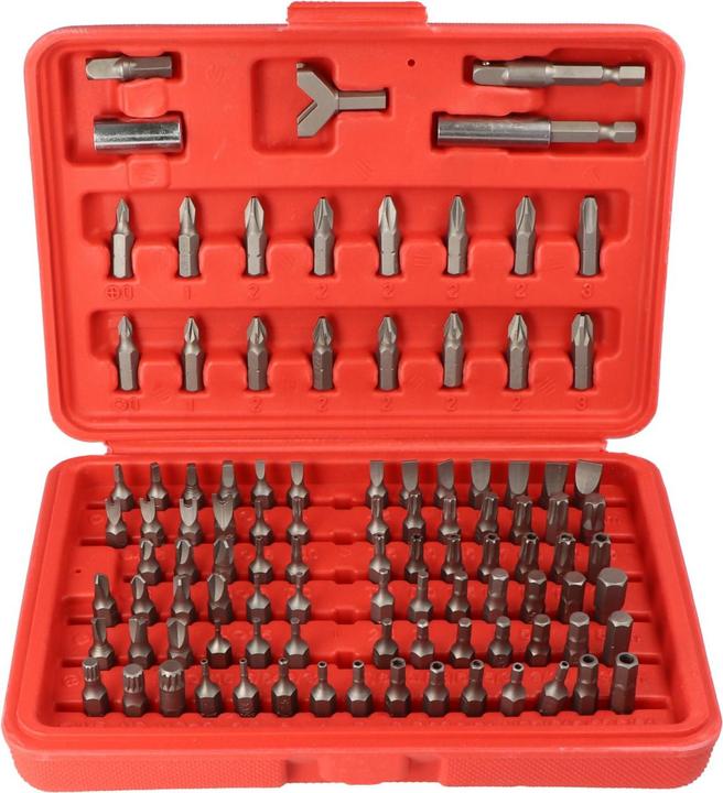 Produktbild FixPoint Bitsatz 100-teilig aus hochwertigem Werkzeugstahl (Innensechsrund TX M20, Innensechsrund TX M27, Innensechsrund TX M30, Innensechsrund TX M10, Innensechsrund TX M15, Innensechsrund TX M25, Innensechsrund TX M40, Kreuz Pozidriv PZ M1, Kreuz Pozidriv PZ M2, Kreuz Pozidriv PZ M3, Kreuz Pozidriv PZ M0, Innensechsrund TX M6, Innensechsrund TX M8)