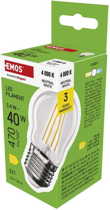 Produktbild Emos LED Lampe Filament Mini Globe / E27 / 3,4 W (40 W) / 470 lm / Neutral Weiss (E27, 3.40 W, 470 lm, 1 x, D)