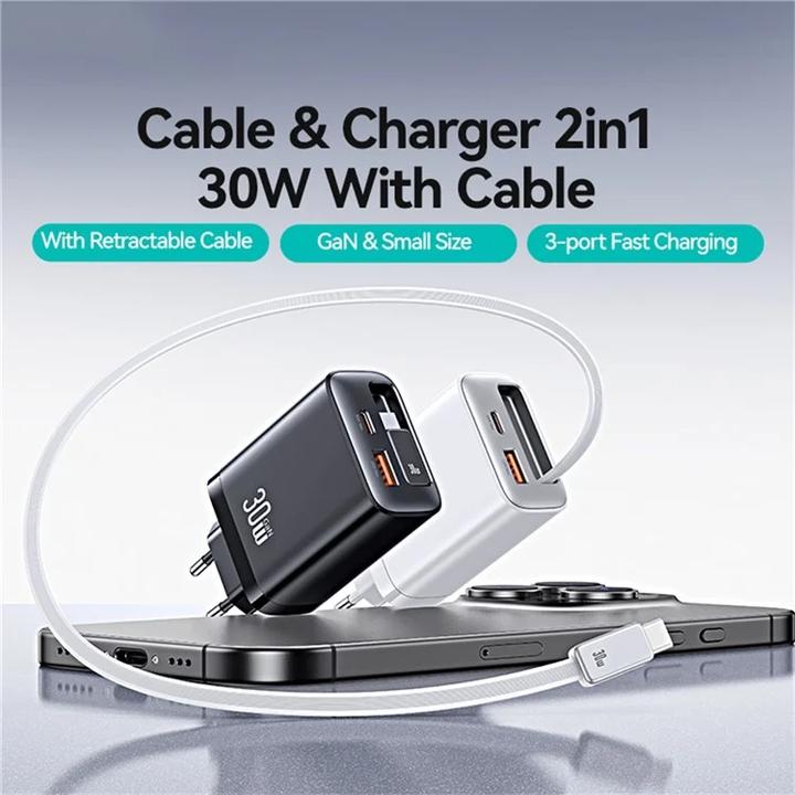 Produktbild Usams CC296 30W Fast Charger With Retractable Type-C Cable (EU) - Xiang Series White (30 W)