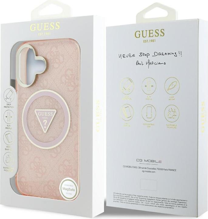 Immagine prodotto Guess Case IML Metal Glitter 4G Circle Triangle MagSafe for iPhone 16 pink (Apple iPhone 16)