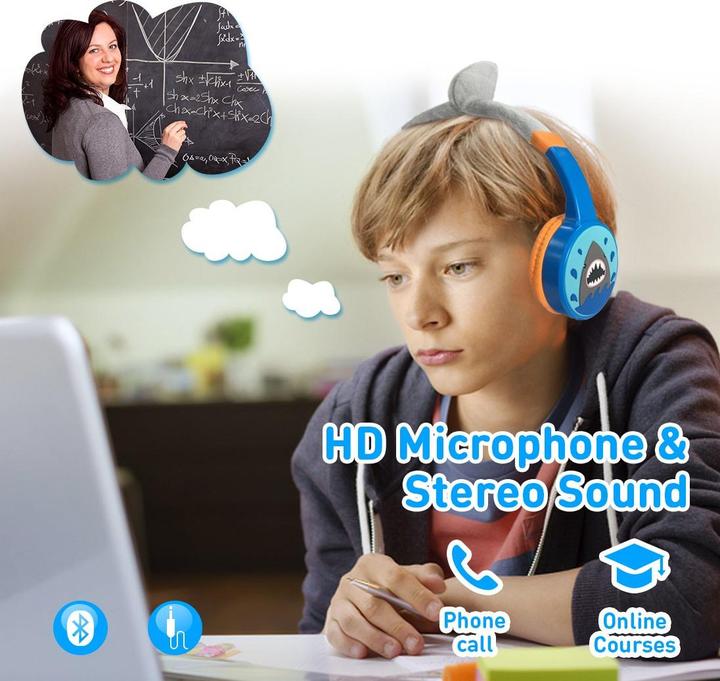 Image du produit PhoneLook Casque cool sans fil Bluetooth 5.3 pour enfants avec volume atténué 85dB et design amusant Shark