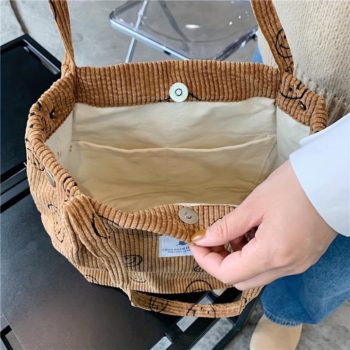 Produktbild Only-Bags.Store Retro Corduroy Tote Bag, Lächelndes Gesicht Druck Umhängetasche, einfache Handtasche für Schule