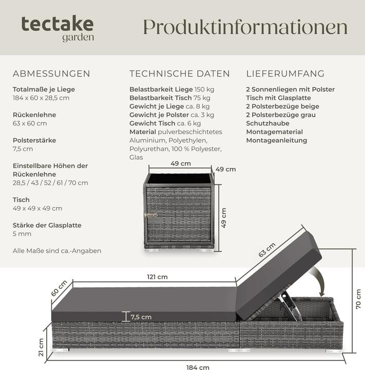 Produktbild tectake 2x Sonnenliegen (184 cm)