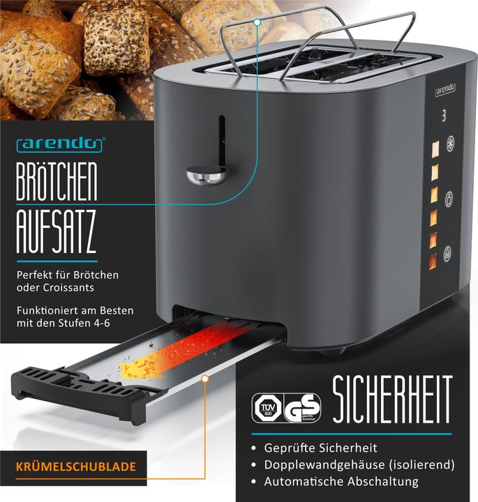 Produktbild Arendo Toaster Edelstahl 2 Scheiben Kurzschlitz, Restzeit & Bräunungsgradanzeige, Touch Display, 800 W (EU-Stecker)