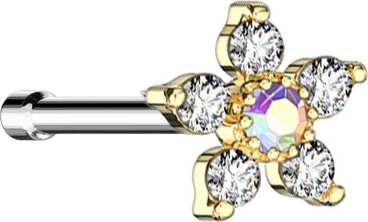 Image du produit Star Piercing Nasenstecker gerade vergoldet Blume mit Kristall multicolor und silber (Acier chirurgical 316L, Laiton)