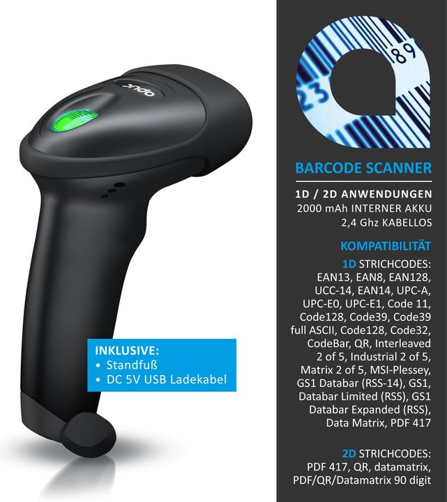 Produktbild Aplic Wireless Barcode Scanner, Handscanner 2.4 GHz 1D 2D, 2000 mAh, Barcodescanner inkl. Standfuss (1D-Barcodes, 2D-Barcodes)