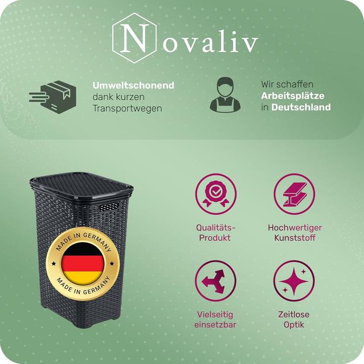 Image du produit Novaliv Rattan Wäschekorb mit Deckel 60L Schwarz, Wäschebox Wäscheeimer Wäschebehälter modern für Ba (60 l)