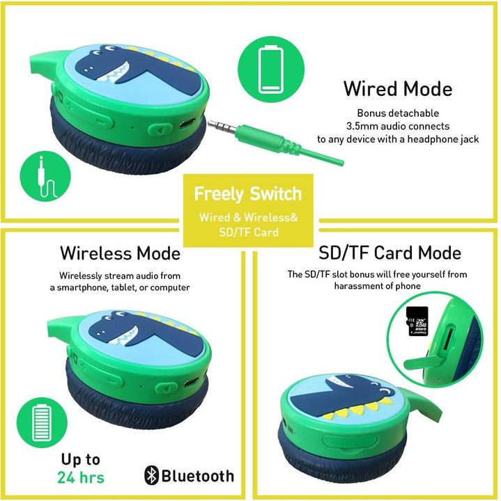 Image du produit PhoneLook Casque cool sans fil Bluetooth 5.3 pour enfants avec volume atténué 85dB et design amusant Dino