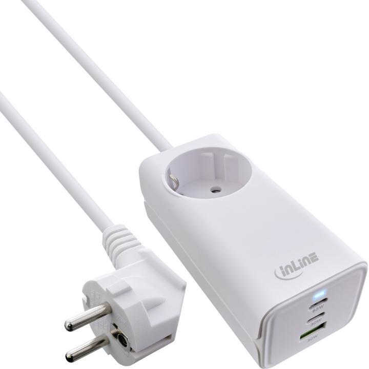 Produktbild InLine USB Netzteil, 65W Ladegerät, 2x USB-C + 1x USB-A, mit Schutzkontaktbuchse und 1,5m Kabel, PD (65 W)