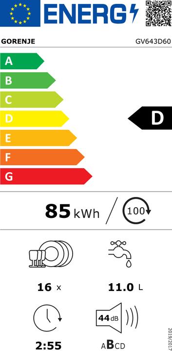 Label énergétique Gorenje ZMYWARKA GV643D60