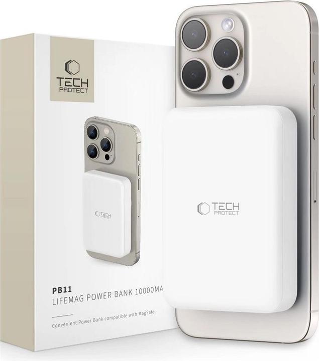 Actual product image Tech-Protect LifeMag PB11 Powerbank with MagSafe 10000mAh 15W USB-C port - white + USB-C cable (10000 mAh, 15 W)