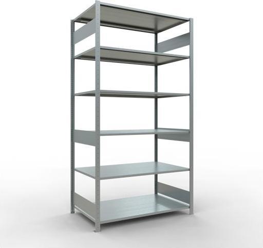 Sistema di scaffalature di base senza viti MULTIplus150 con ripiani di lunghezza