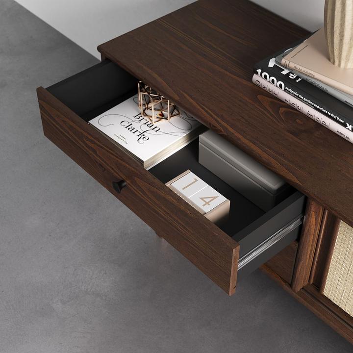 Actual product image IDIMEX Lowboard SIMONA aus Kiefer Massivholz mit Rattangeflecht – Nussbaumoptik