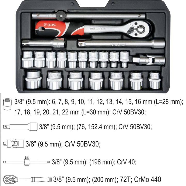 Image du produit Yato YT-38561 Jeu de Douilles en Coffret 22 Pièces avec Cliquet 3/8" (3/8")