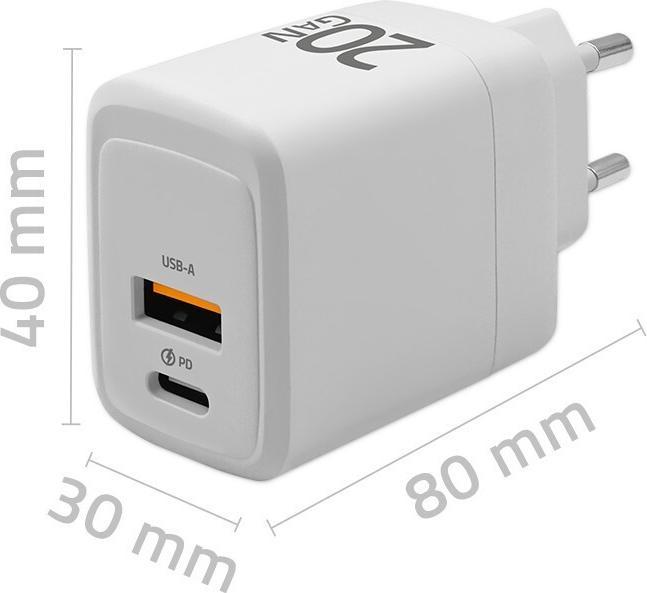 Produktbild Qoltec GaN 20W Ladegerät, 1x USB-C PD, 1x USB-A, US (20 W)