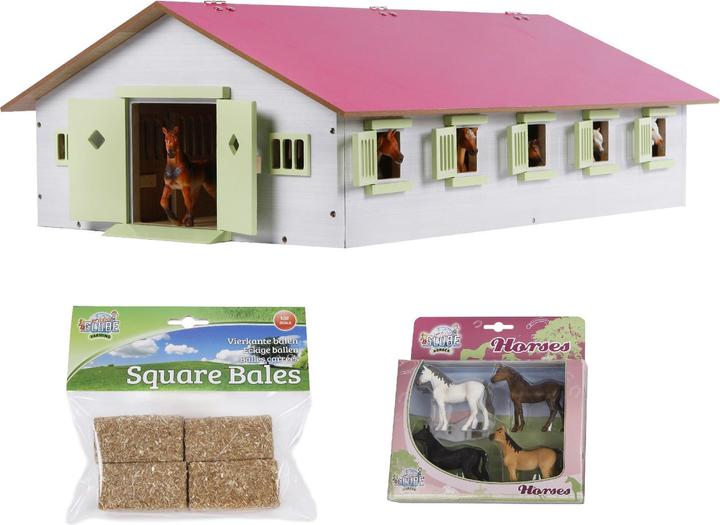 Produktbild Kids Globe Farming Van Manen Kids Globe Reiterhof Set 1:32 Pferdestall 9 Boxen 4 Pferde 4 Heuballen