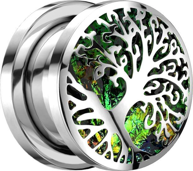 Produktbild Star Piercing Fles Plug silber Opal Glitter mit Baum des Lebens (ohne Messing, Chirurgenstahl 316L)