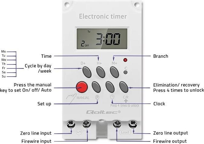 Produktbild Qoltec Elektroniczny programator czasowy PC0629 na szynę DIN | LCD